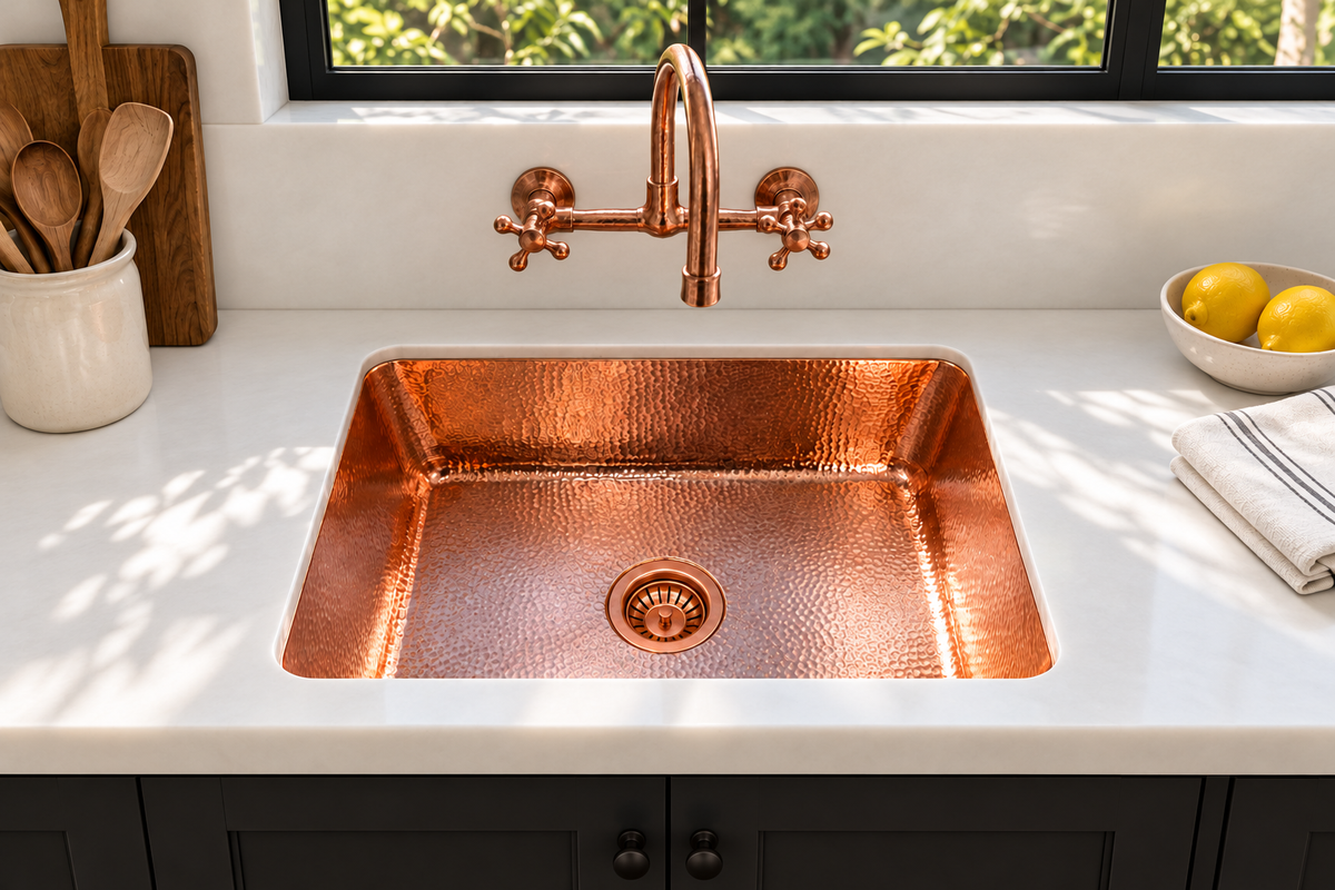 Hammered copper undermount sink beneath a wall-mounted copper faucet and black-framed window, with wooden utensils and lemons nearby.