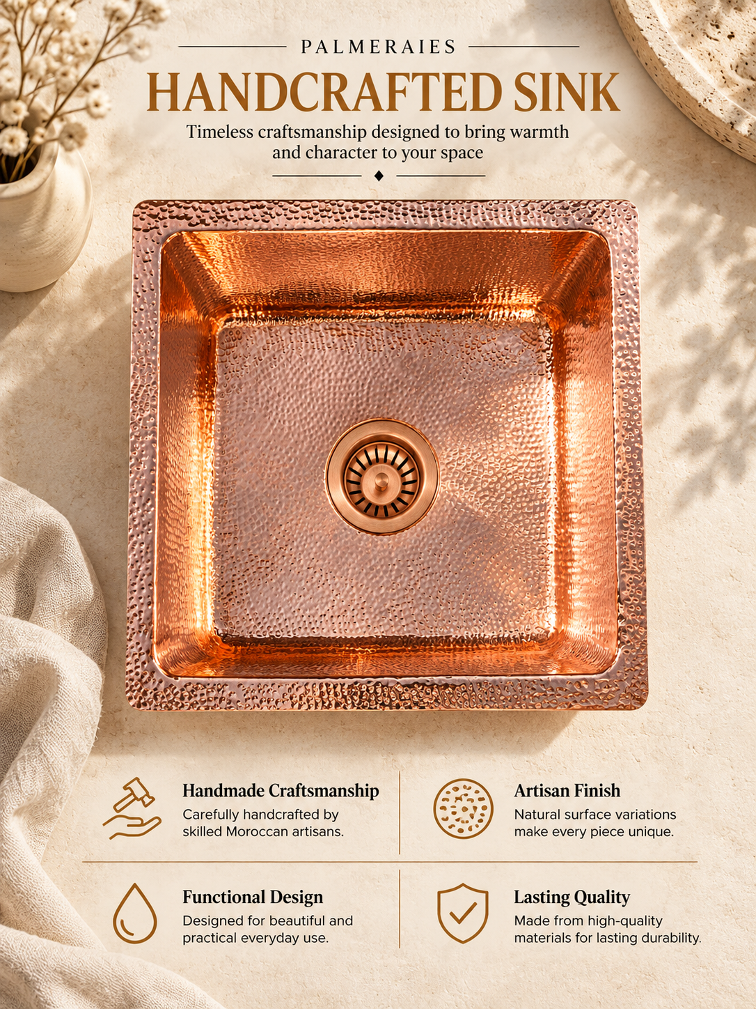 1. Palmeraies handcrafted sink poster featuring a hammered copper kitchen basin and highlighting craftsmanship, finish, functional design, and quality.