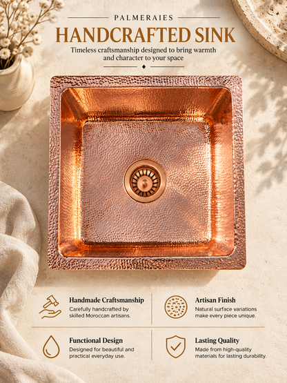 1. Palmeraies handcrafted sink poster featuring a hammered copper kitchen basin and highlighting craftsmanship, finish, functional design, and quality.