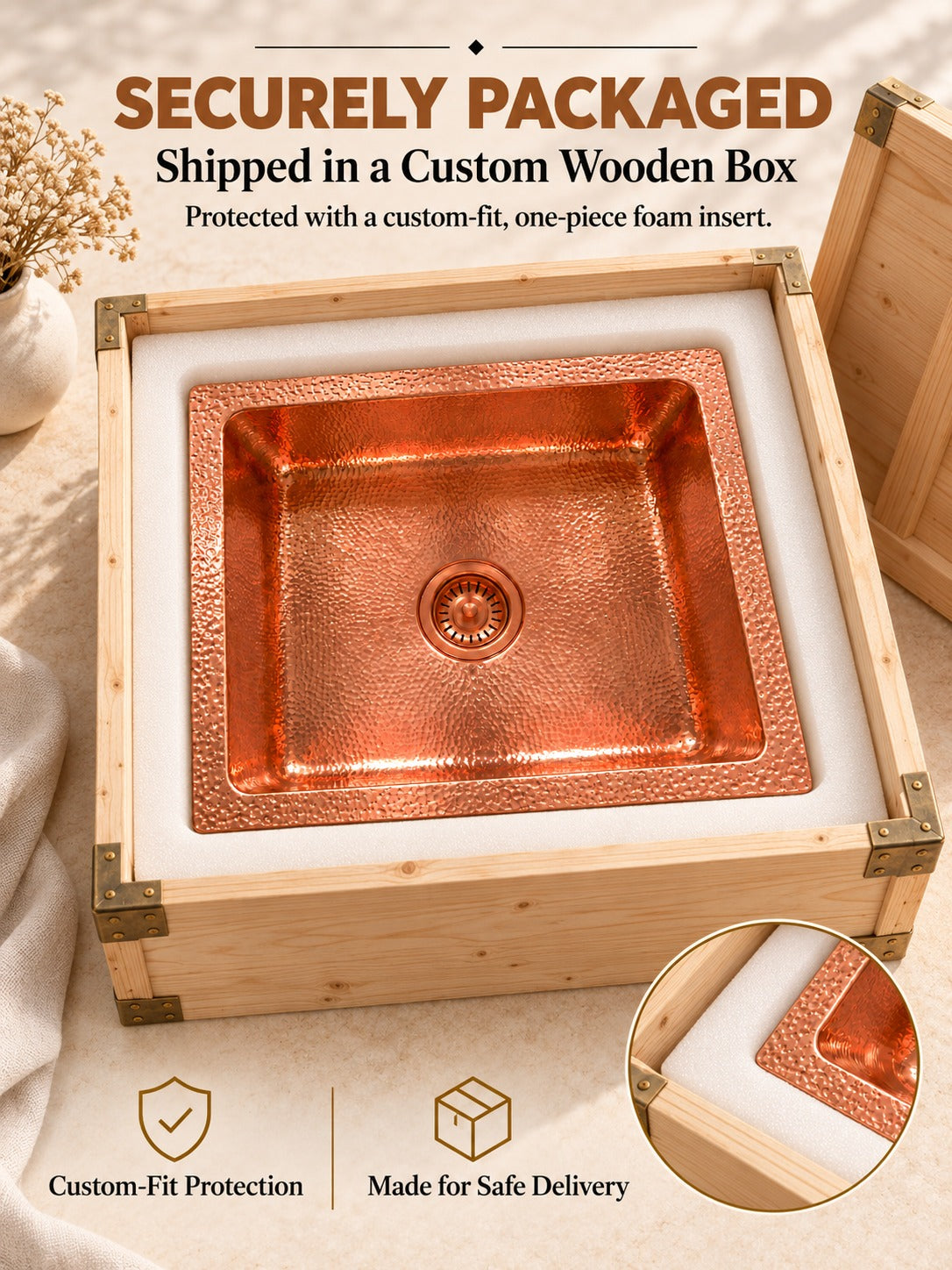 Hammered copper kitchen sink secured in a fitted white foam insert inside an open wooden shipping crate beneath “Securely Packaged” text.