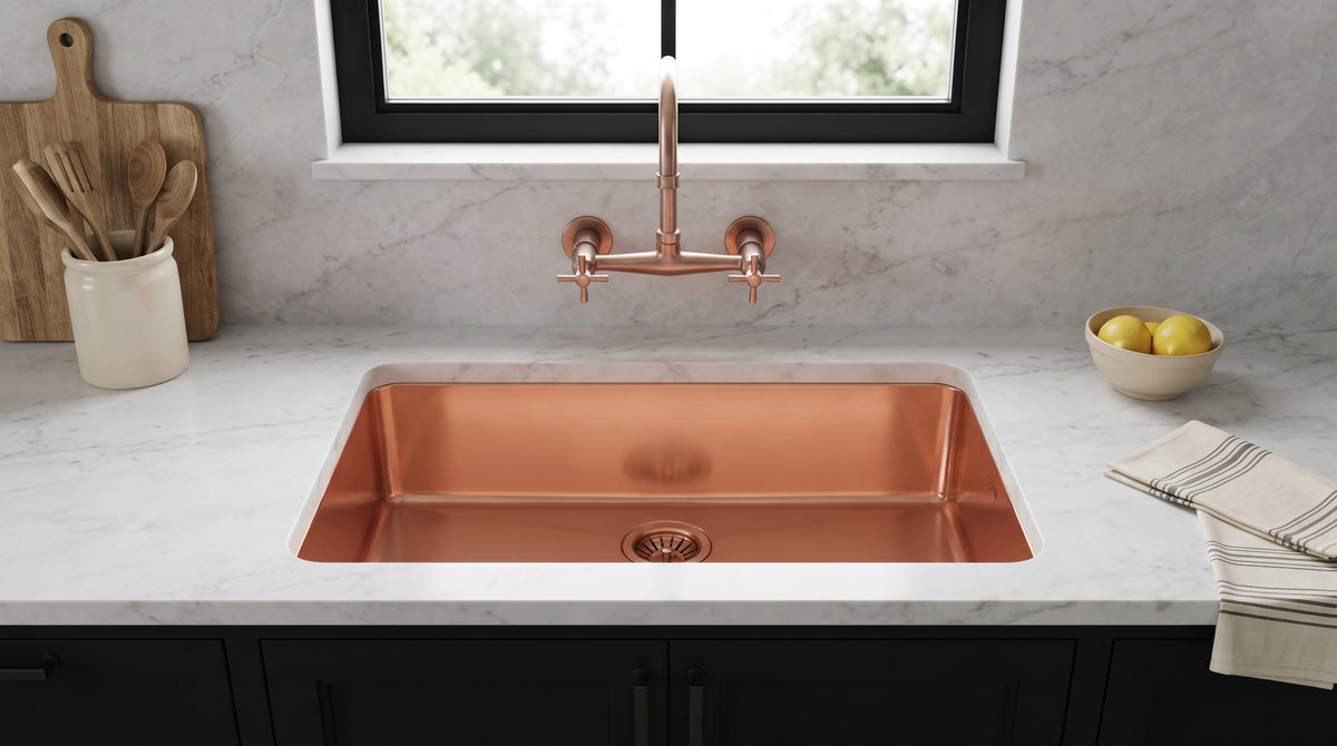 Copper undermount sink beneath a wall-mounted copper faucet and black-framed window, surrounded by white marble above black cabinets.