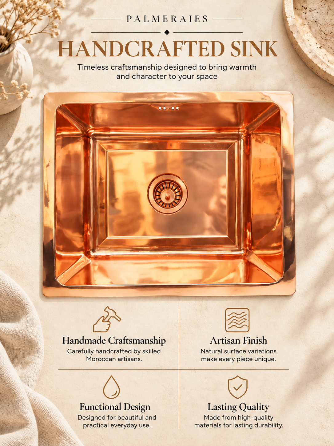 Palmeraies handcrafted sink poster featuring a polished copper kitchen basin and highlighting craftsmanship, finish, design, and quality.