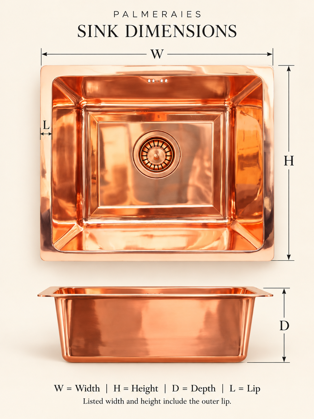 Copper sink dimension diagram with top and side views marking width, height, lip, and depth, noting that listed sizes include the outer lip.