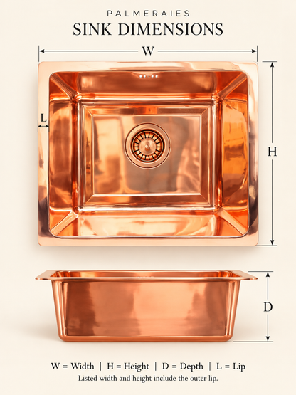 Copper sink dimension diagram with top and side views marking width, height, lip, and depth, noting that listed sizes include the outer lip.