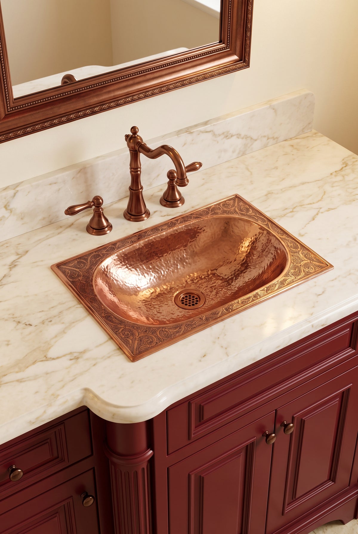 Hammered oval copper drop-in sink with an engraved rectangular rim in a cream marble vanity with copper faucet and burgundy cabinets.
