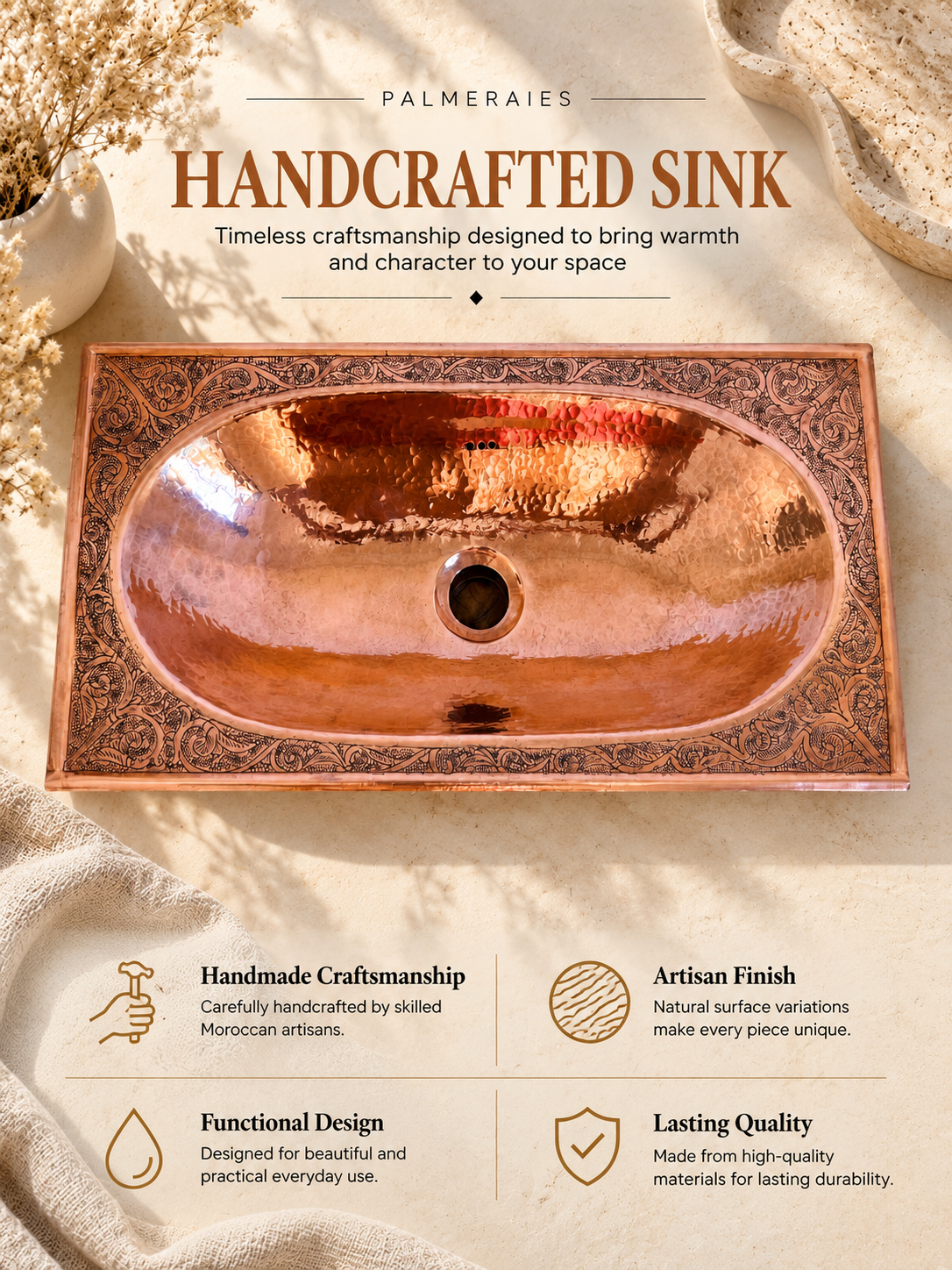 Palmeraies poster featuring a hammered oval copper sink with an engraved rectangular rim and highlighting Moroccan craftsmanship, finish, function, and durability.