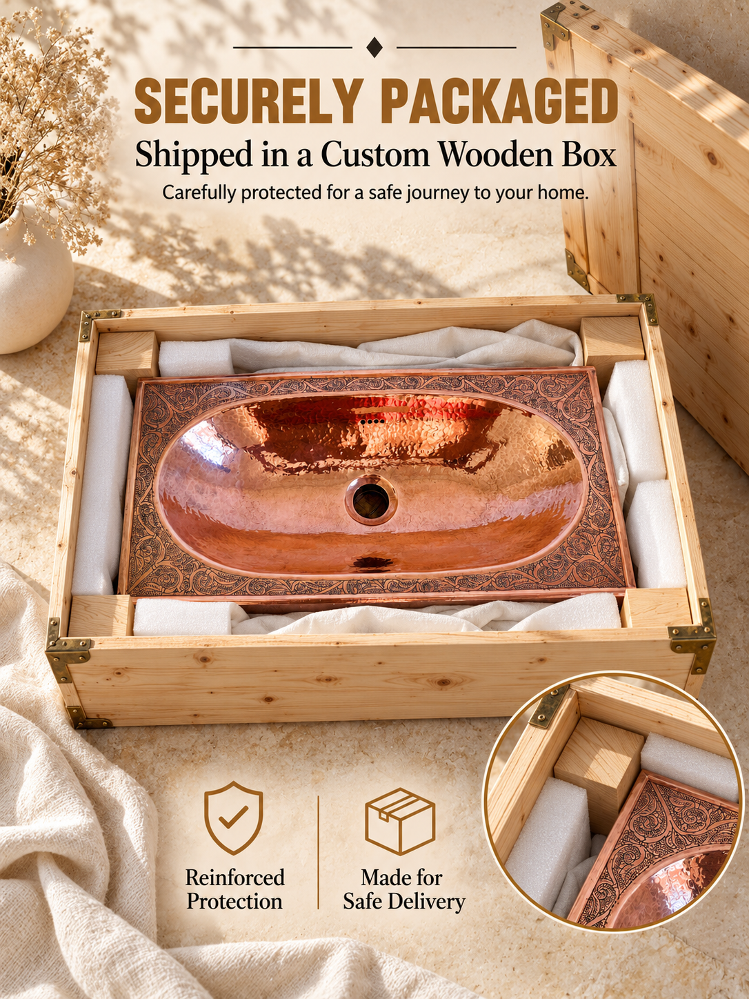 Oval copper sink with an engraved rectangular rim cushioned inside a reinforced wooden shipping box, with text highlighting secure packaging and safe delivery.
