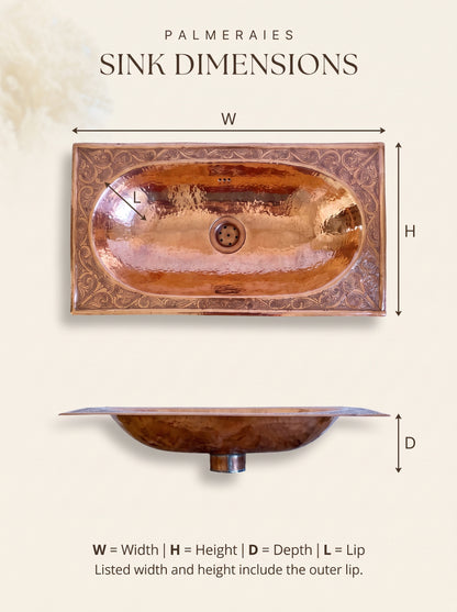 Dimension diagram of an oval polished copper sink with hammered texture and petal-shaped detailing, showing top and side views labeled width, height, depth, and lip. Width and height include the outer lip.