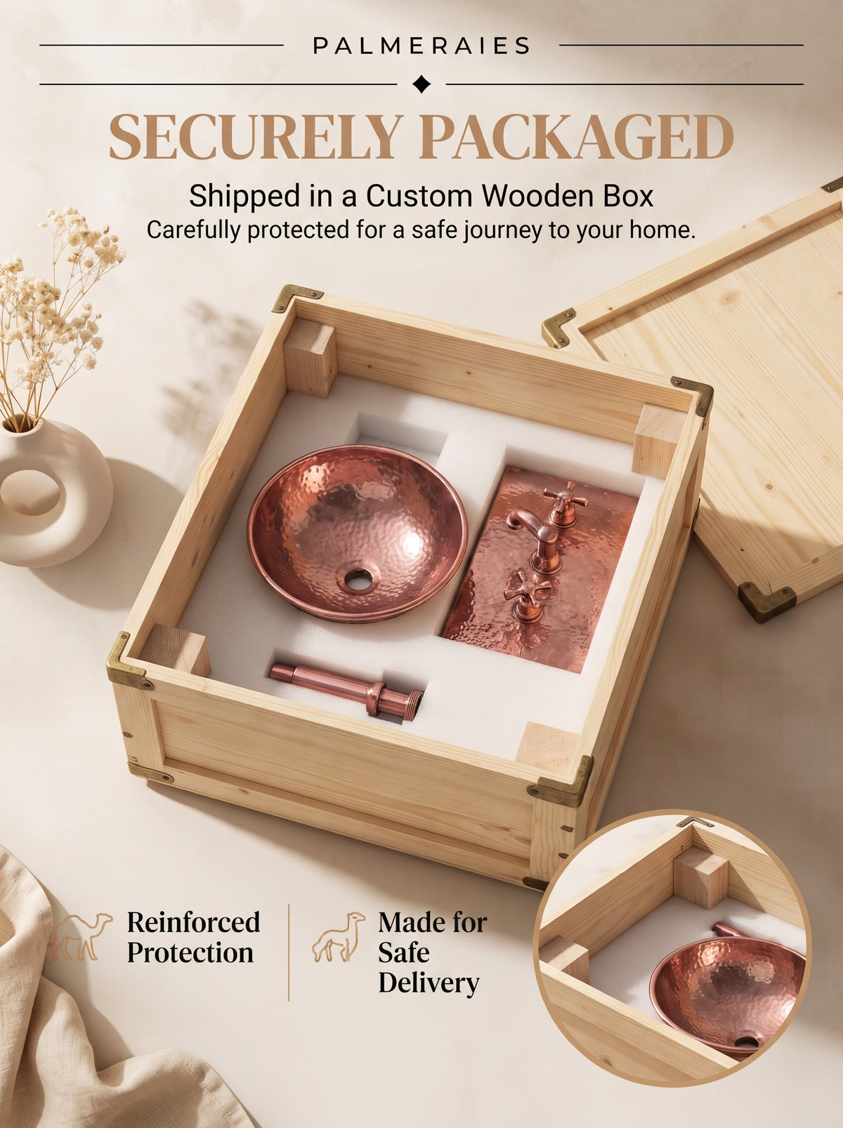 Copper sink, faucet backplate, and drainpipe secured in fitted white foam inside an open wooden shipping box beneath “Securely Packaged” text.