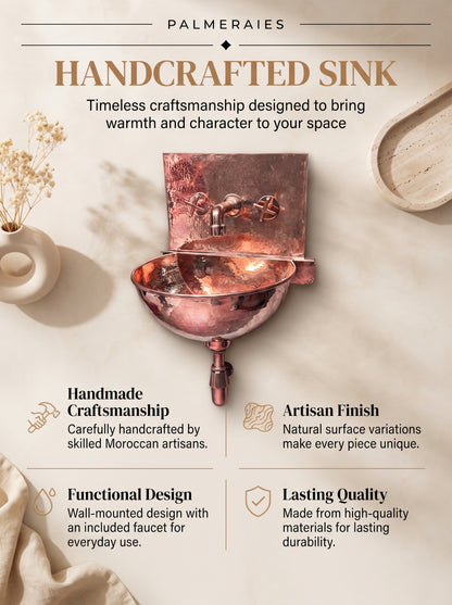 Palmeraies handcrafted copper wall-mounted sink poster highlighting craftsmanship, artisan finish, functional design, and lasting quality.