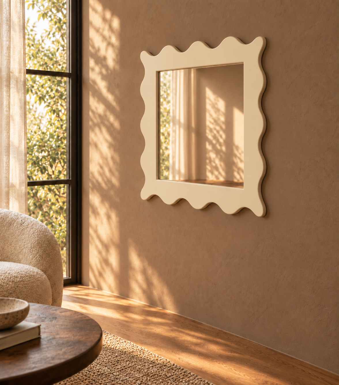 A cream-colored square wall mirror with a scalloped wavy border hangs on a textured warm brown wall in a sunlit room with a window, chair, and round table.