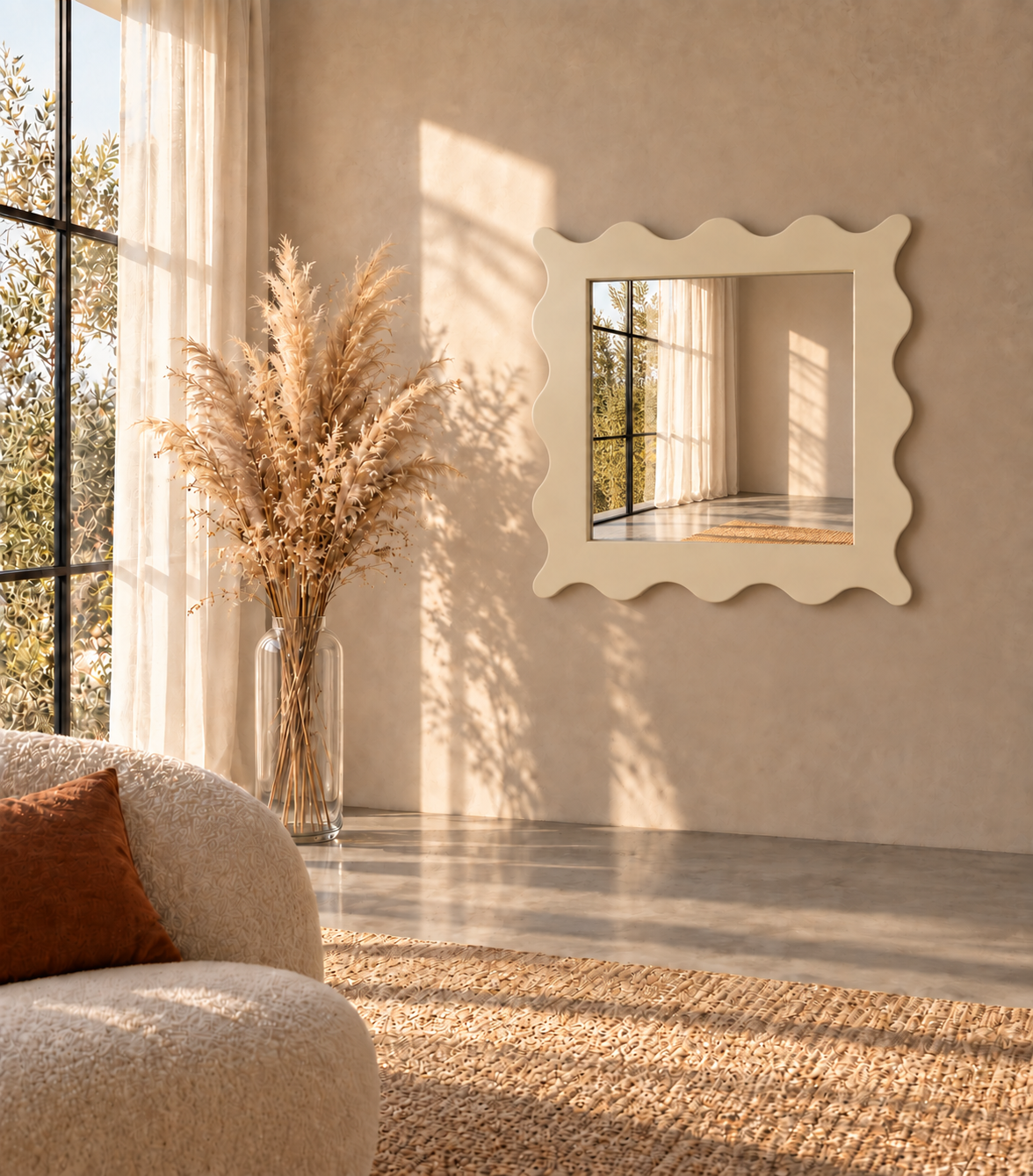 A cream-colored wall mirror with a scalloped frame hangs on a textured beige wall in a sunlit room. A large glass vase with dried pampas grass stands near a window, and part of a bouclé armchair with a rust-colored pillow is visible in the foreground.