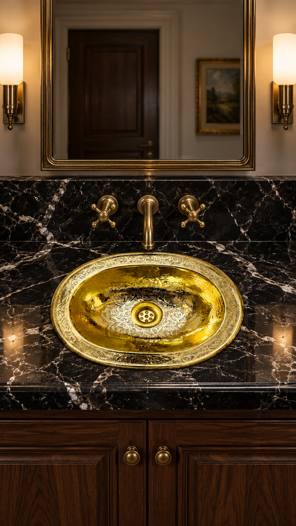 Oval engraved brass sink in a black marble countertop with a wall-mounted brass faucet, dark wood vanity, and gold-framed mirror.