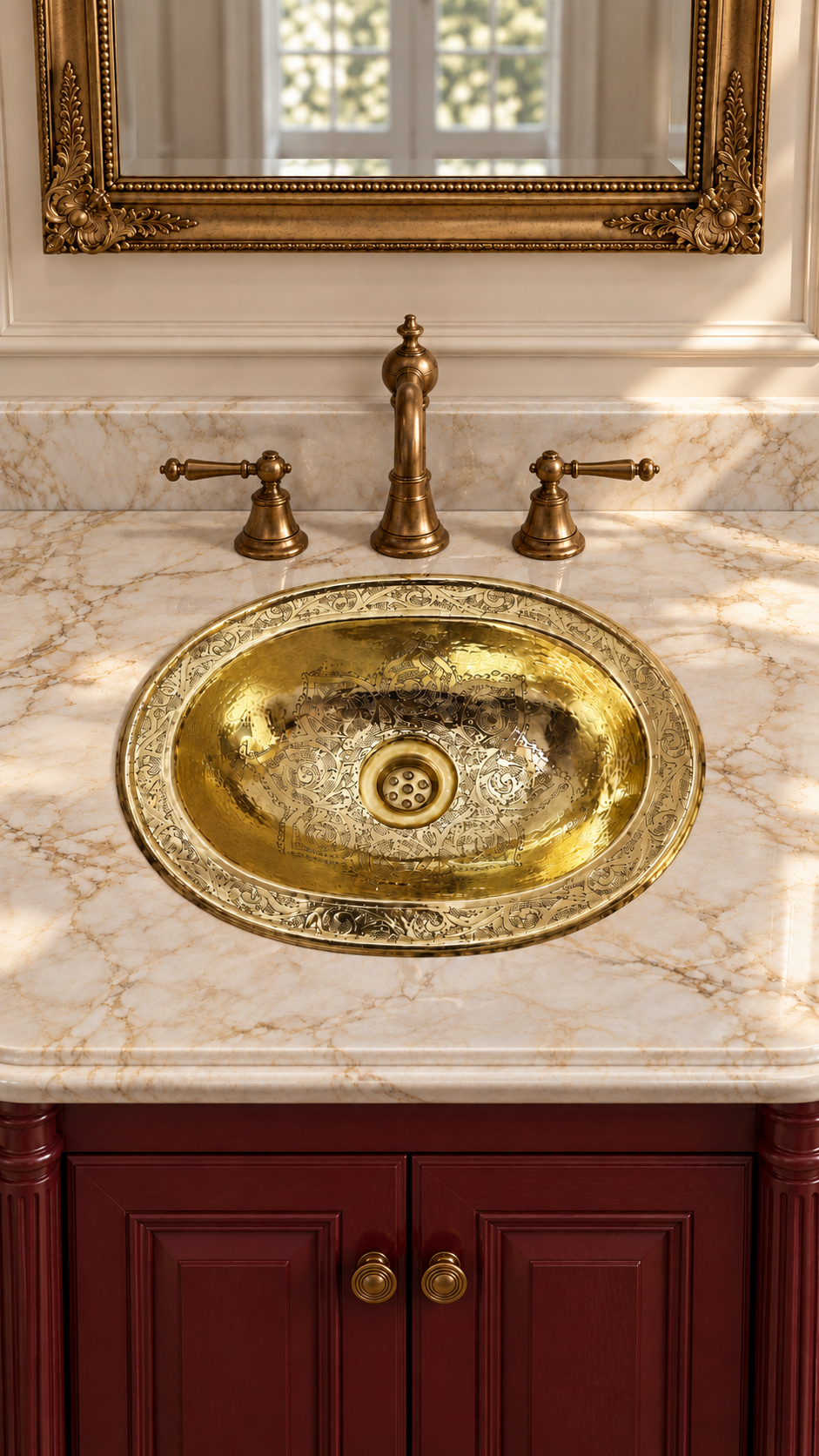 Oval engraved brass sink in a cream marble countertop with an antique brass faucet, burgundy vanity, and ornate gold-framed mirror.