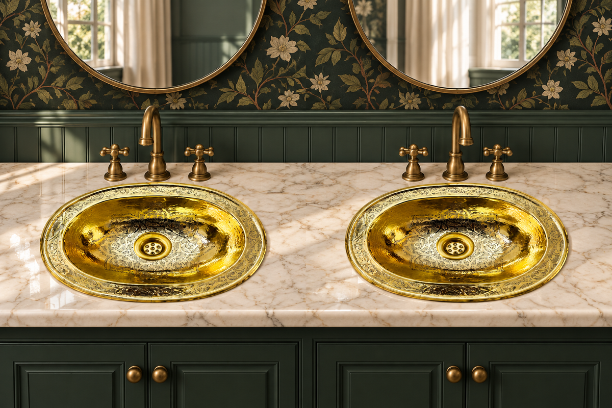 Two oval engraved brass sinks in a cream marble double vanity with brass faucets, dark green cabinets, floral wallpaper, and round mirrors.