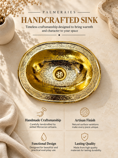 Palmeraies handcrafted sink poster featuring an oval engraved brass basin and highlighting handmade craftsmanship, artisan finish, functional design, and lasting quality.