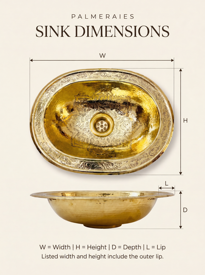 Dimension diagram of an engraved oval brass sink, showing top and side views with width, height, depth, and lip labels. Listed width and height include the outer lip.