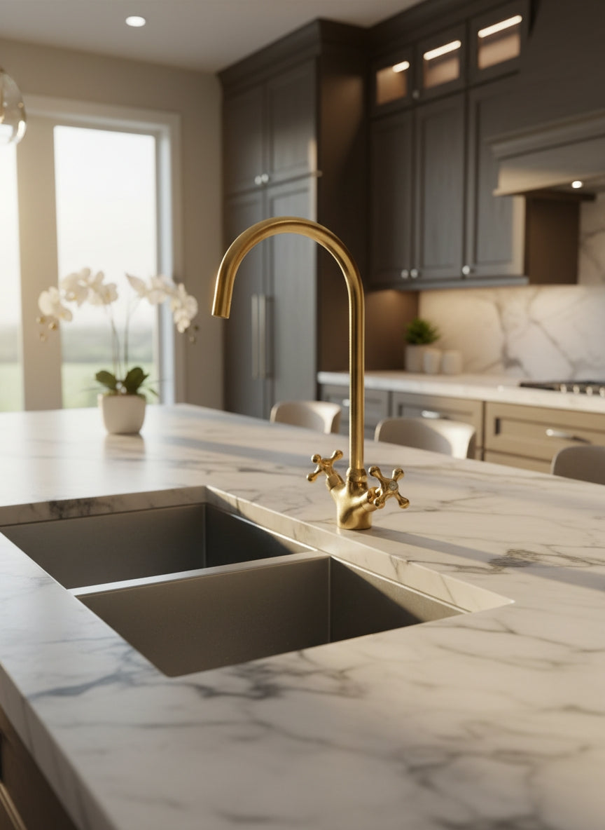 Luxury unlacquered brass bridge faucet with dual cross handles installed on a white marble kitchen island above an undermount sink.