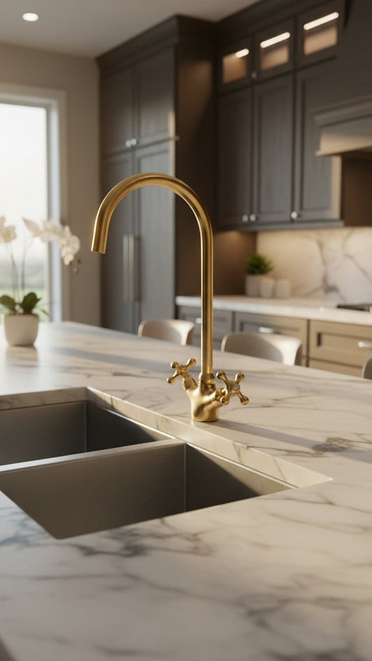 Luxury unlacquered brass bridge faucet with dual cross handles installed on a white marble kitchen island above an undermount sink.