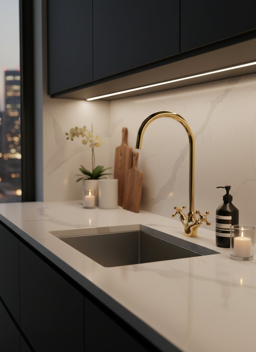 Modern unlacquered brass bridge faucet with cross handles on a white quartz countertop in a contemporary black kitchen.