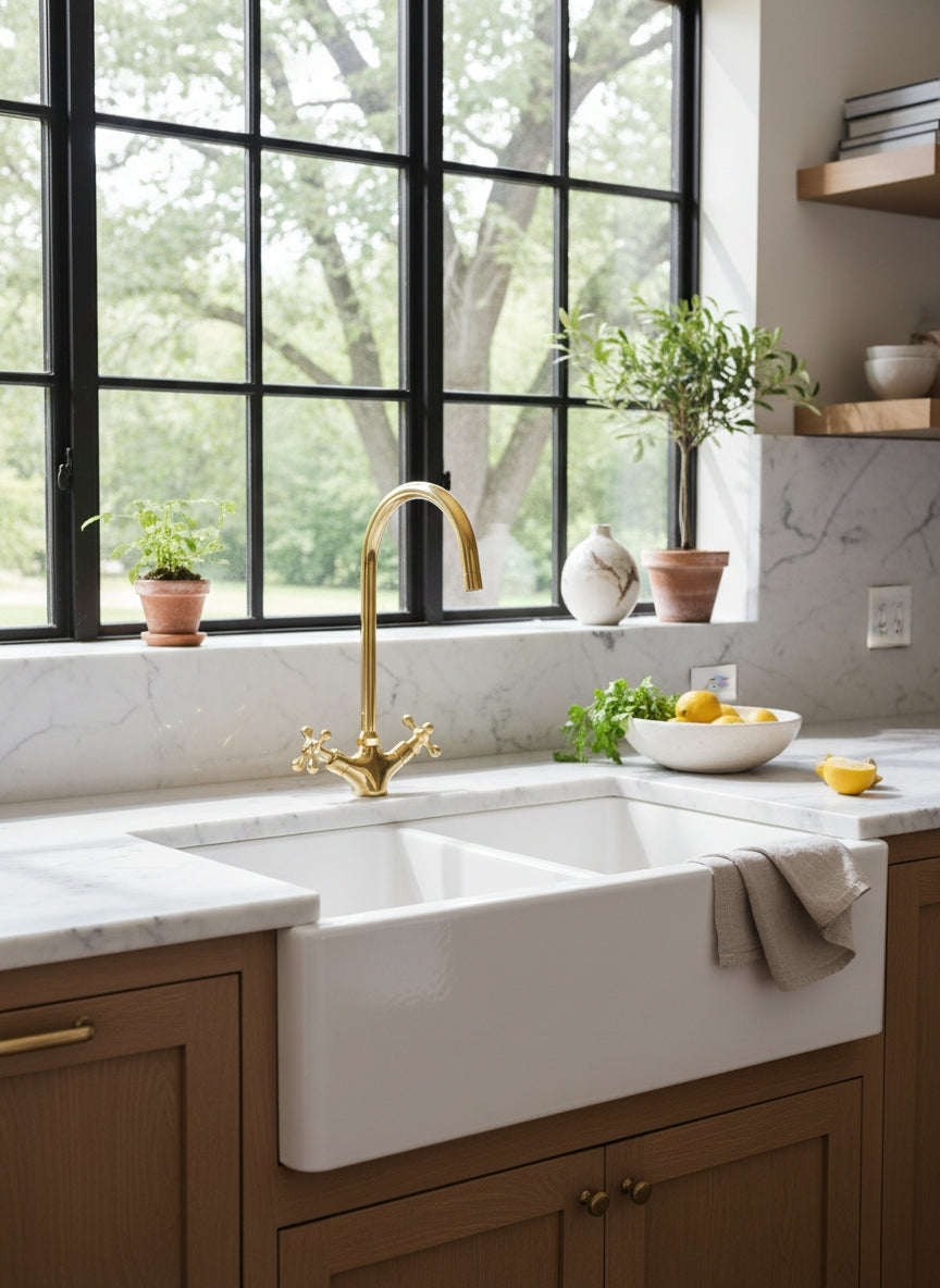 Classic unlacquered brass bridge kitchen faucet with cross handles installed above a white farmhouse sink in a bright luxury kitchen.