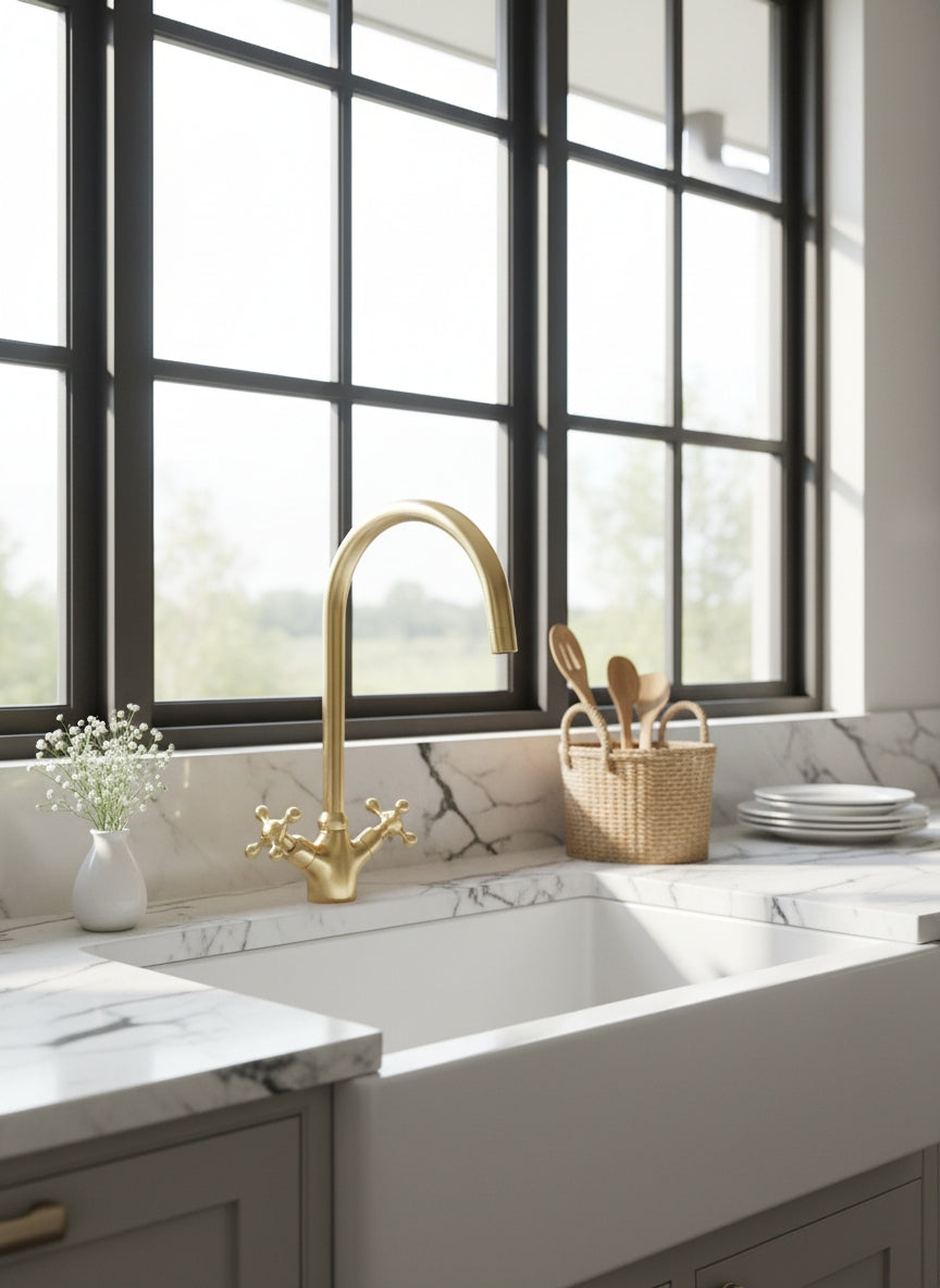 Traditional unlacquered brass bridge kitchen faucet with cross handles installed beneath large black-framed windows above a farmhouse sink.