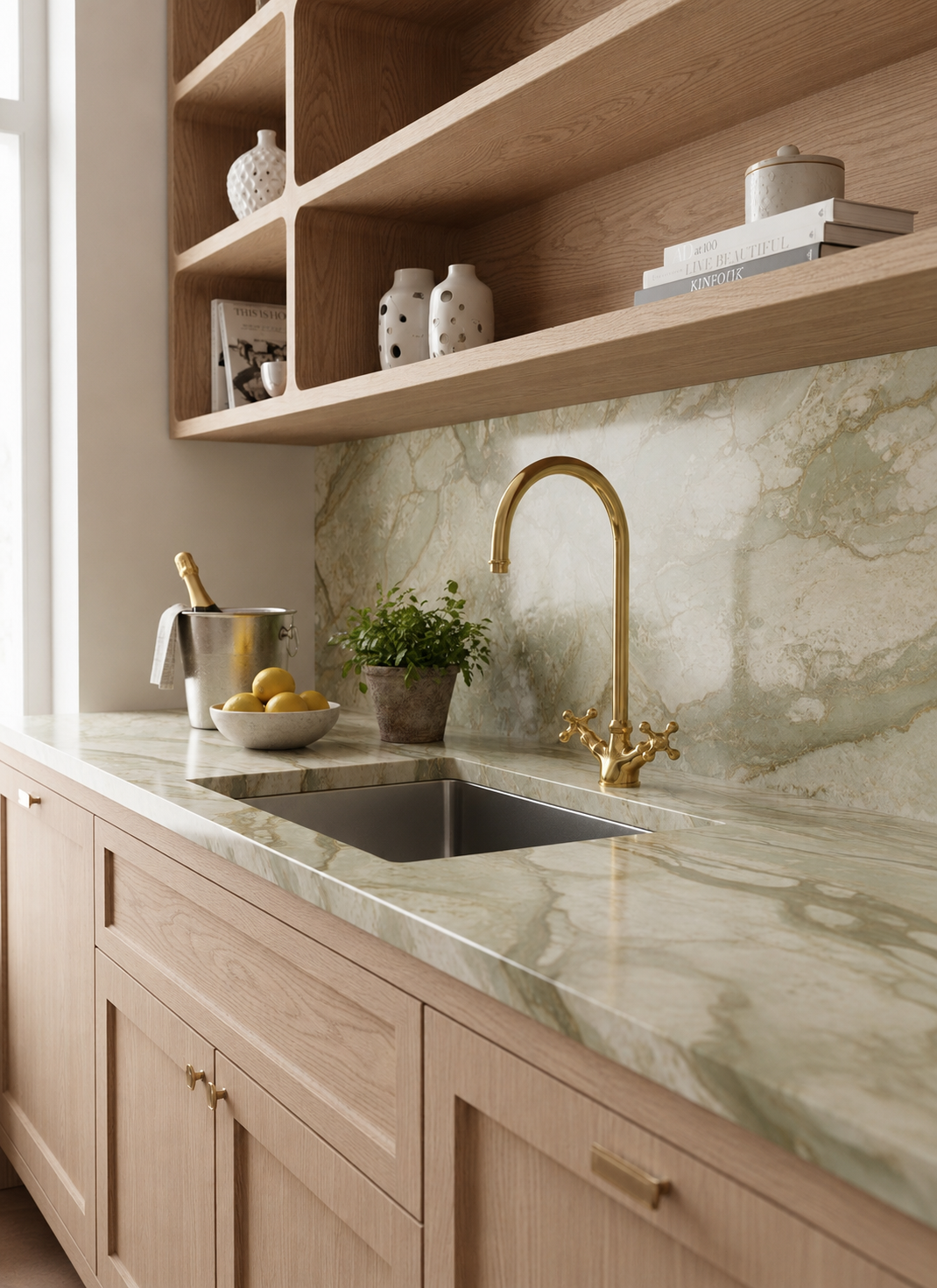 Handmade unlacquered brass bridge kitchen faucet with dual cross handles installed on a marble countertop with natural oak cabinetry and open shelving.