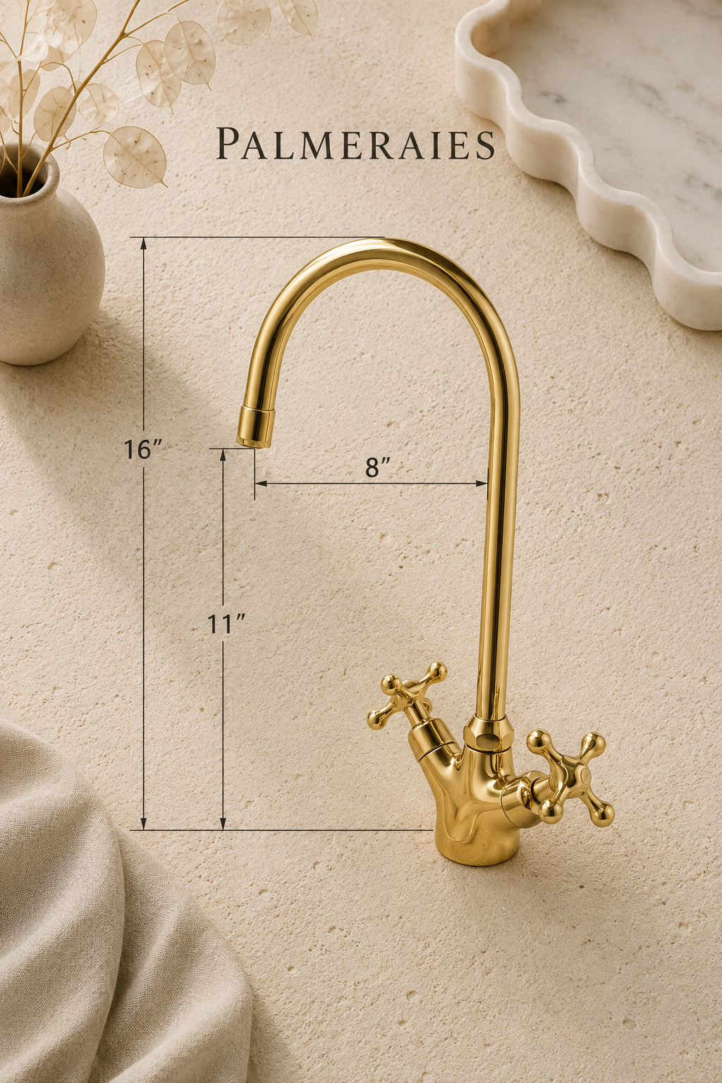 Dimension diagram of a handmade unlacquered brass bridge kitchen faucet showing overall height, spout reach, and spout clearance.
