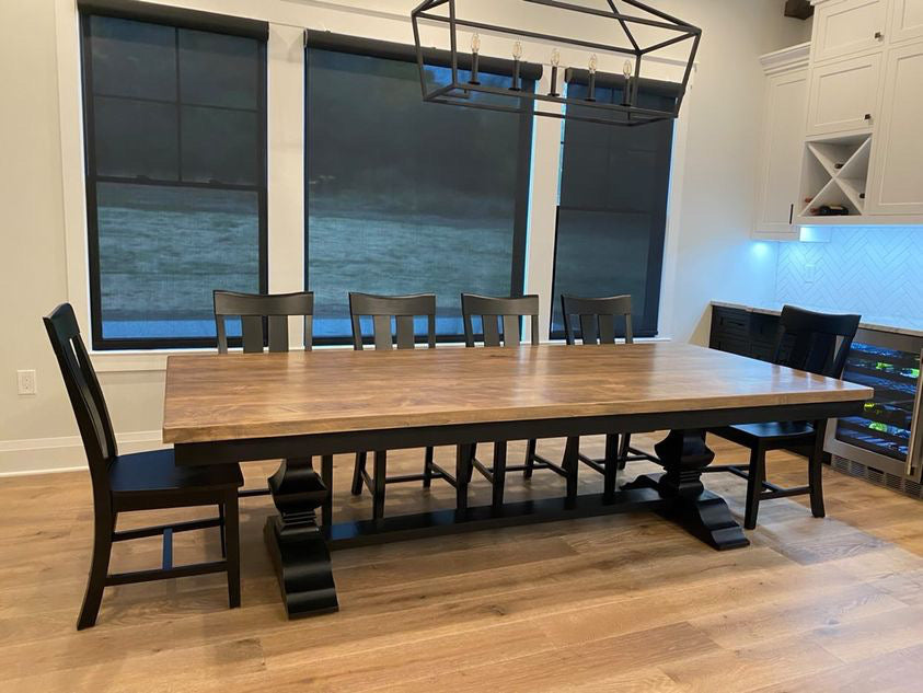 Herringbone Dining Table In Solid Wood With Custom Finish And Distressing Options