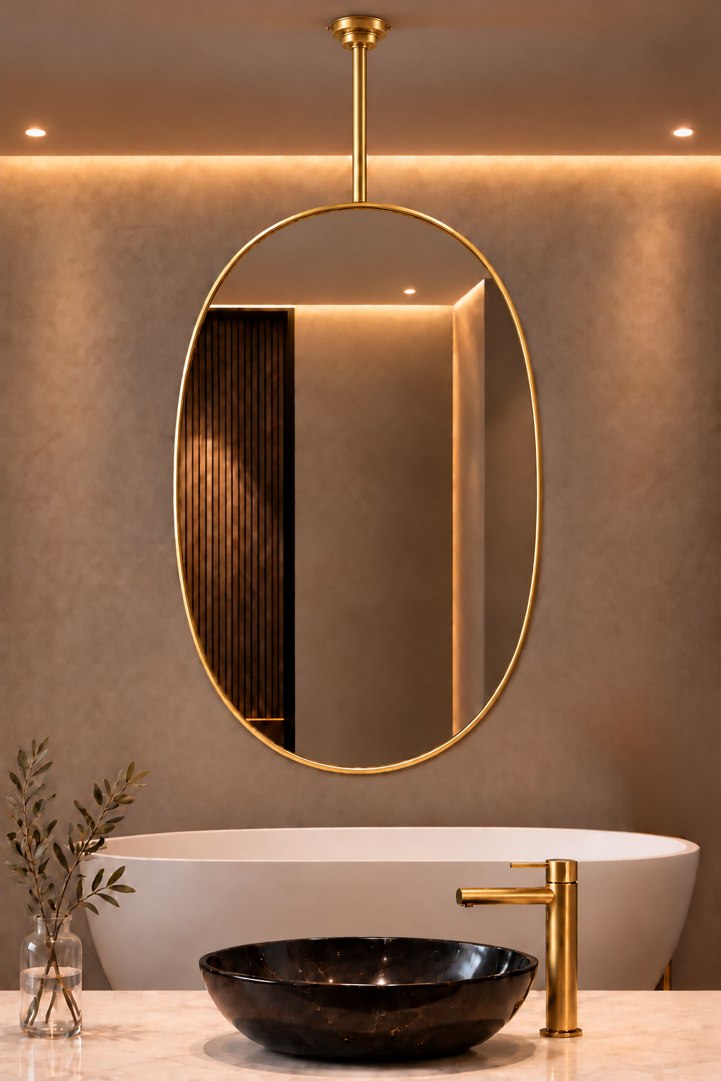 An oval wall mirror with a polished gold frame hangs above a white freestanding bathtub in a modern bathroom. A black vessel sink and a gold faucet sit on the marble countertop below, with a small vase of greenery on the left.