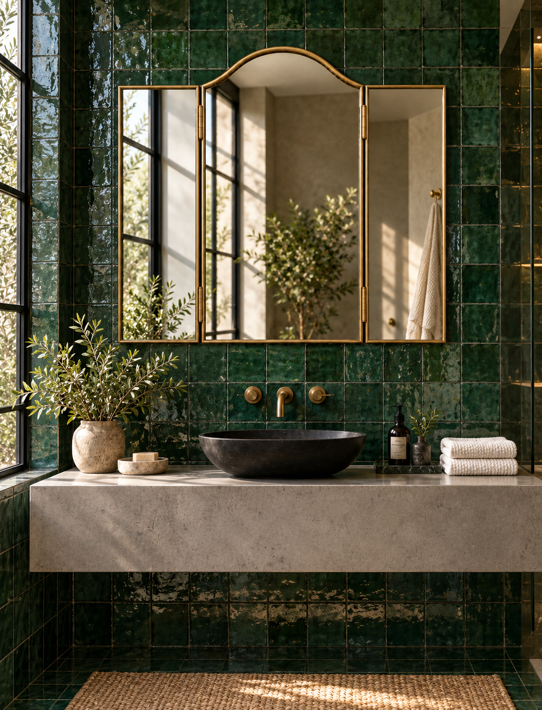 A luxury bathroom vanity featuring glossy dark green tiled walls, a floating concrete countertop, a black vessel sink, and a large arched gold-framed mirror reflecting natural light from a window.