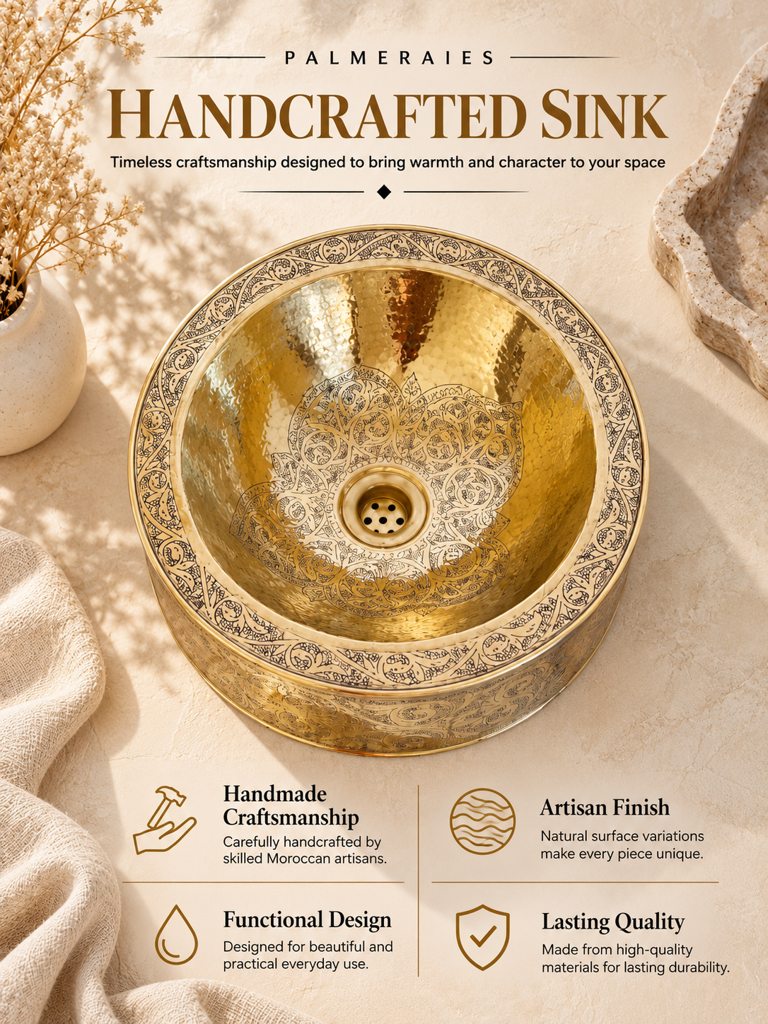 Palmeraies poster featuring an engraved brass vessel sink and highlighting Moroccan craftsmanship, artisan finish, functional design, and lasting quality.