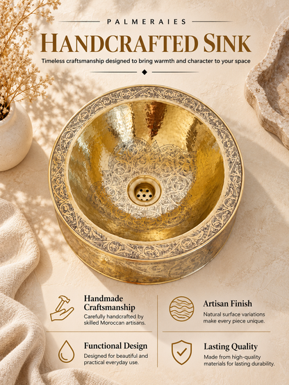 Palmeraies poster featuring an engraved brass vessel sink and highlighting Moroccan craftsmanship, artisan finish, functional design, and lasting quality.
