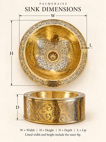 Dimension diagram of a round engraved brass sink with a hammered basin and ornate floral patterns, showing top and side views labeled width, height, depth, and lip. Width and height include the outer lip.