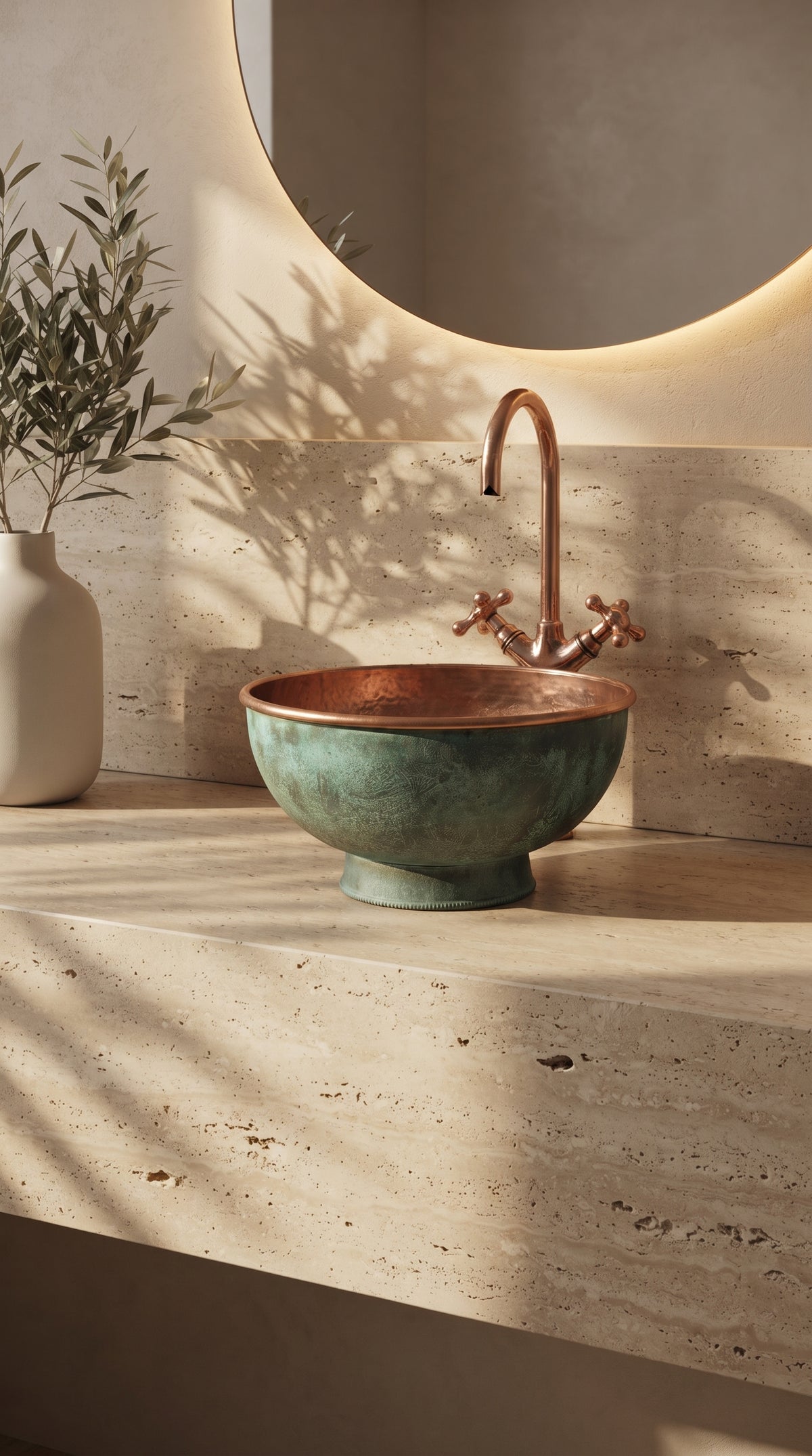 Engraved copper vessel sink with a green patina exterior on a beige stone vanity, paired with a copper faucet beneath a round mirror.