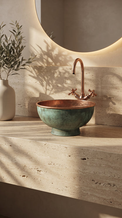 Engraved copper vessel sink with a green patina exterior on a beige stone vanity, paired with a copper faucet beneath a round mirror.