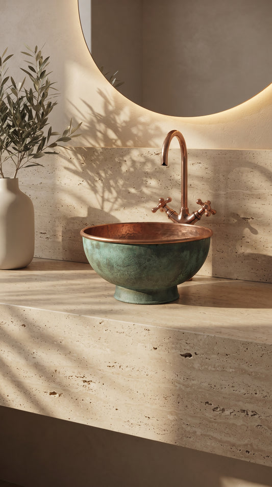 Engraved copper vessel sink with a green patina exterior on a beige stone vanity, paired with a copper faucet beneath a round mirror.