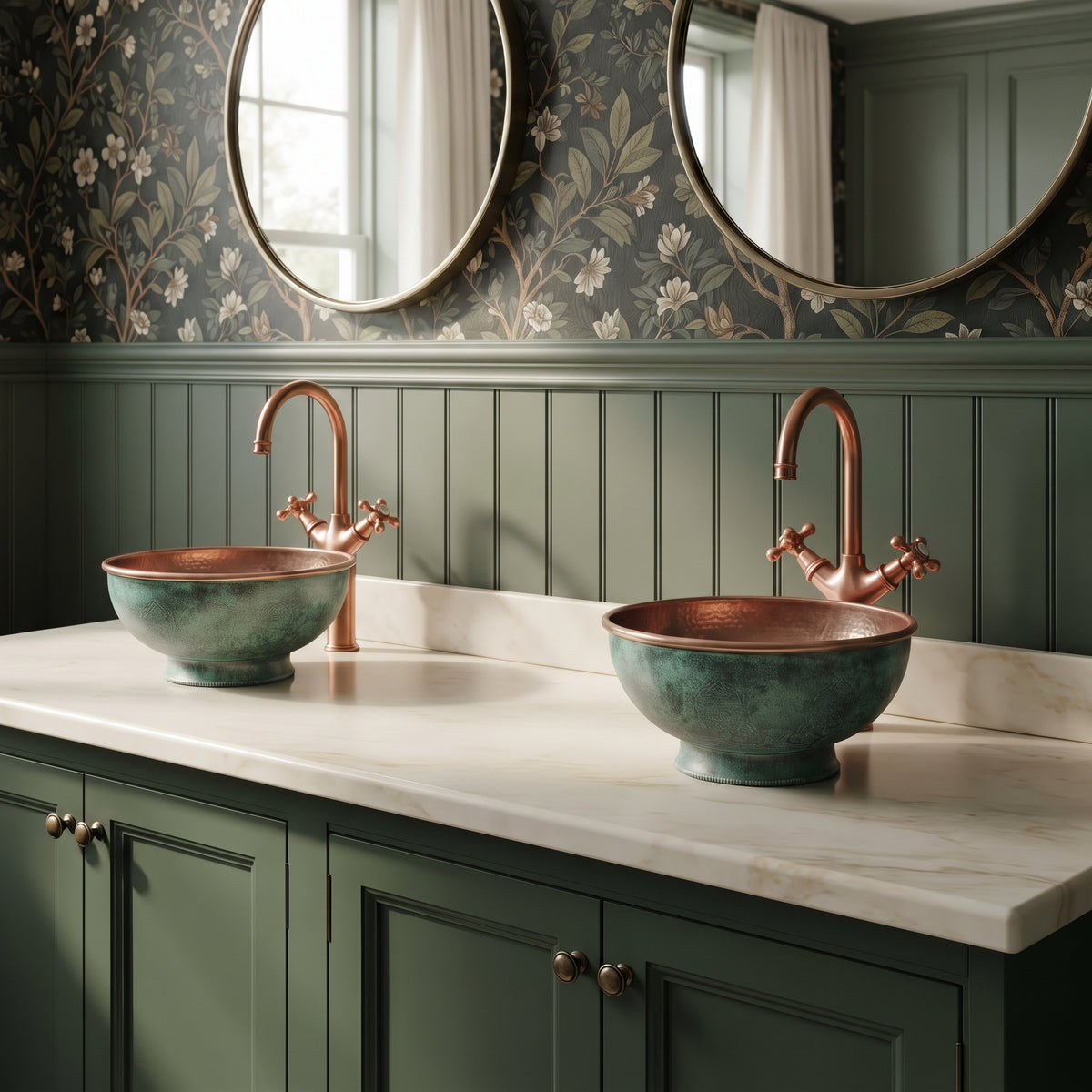 Two green-patina copper vessel sinks on a cream countertop above dark green cabinets, paired with copper faucets, round mirrors, and botanical wallpaper.