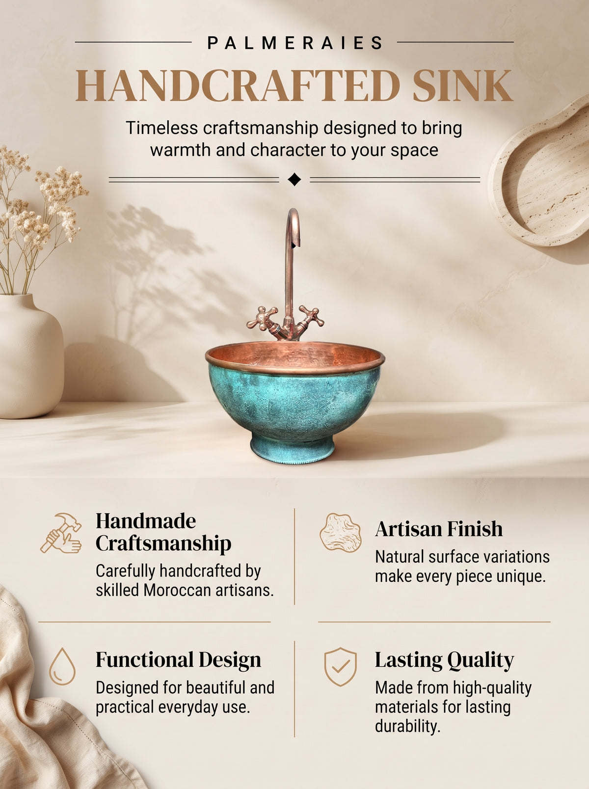 Palmeraies handcrafted sink poster featuring an engraved copper vessel basin with turquoise patina, highlighting craftsmanship, finish, design, and quality.