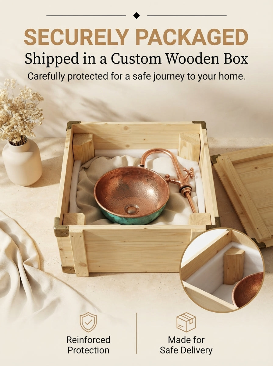 Copper vessel sink and matching faucet nestled in protective padding inside an open wooden shipping crate beneath “Securely Packaged” text.