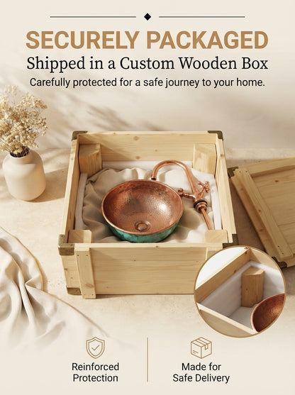 Copper vessel sink and matching faucet nestled in protective padding inside an open wooden shipping crate beneath “Securely Packaged” text.