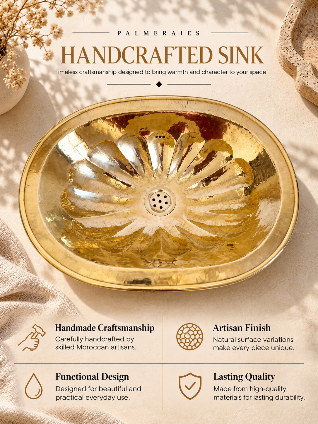 Palmeraies poster showing a brass flower-pattern sink and highlighting Moroccan craftsmanship, artisan finish, functional design, and lasting quality.