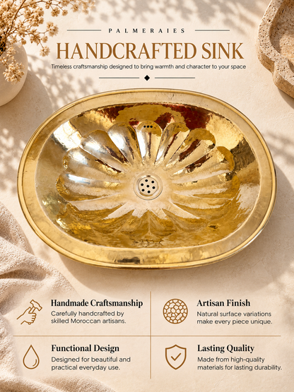 Palmeraies poster showing a brass flower-pattern sink and highlighting Moroccan craftsmanship, artisan finish, functional design, and lasting quality.