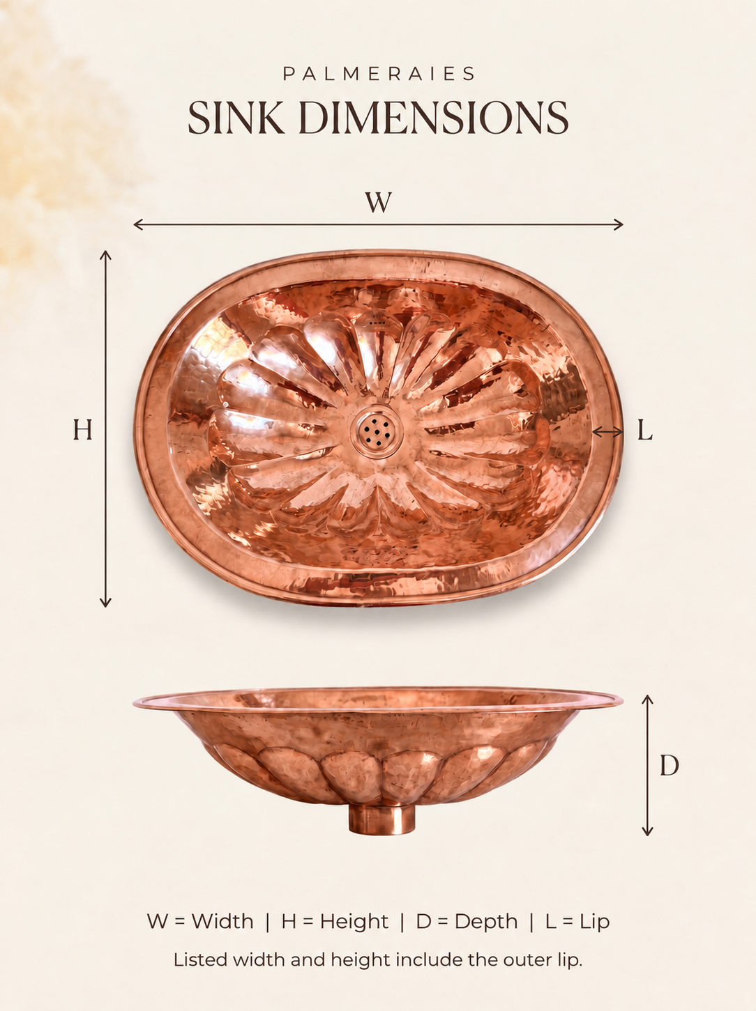 Dimension diagram of an oval polished copper sink with hammered texture and petal-shaped detailing, showing top and side views labeled width, height, depth, and lip. Width and height include the outer lip.