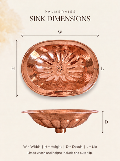Dimension diagram of an oval polished copper sink with hammered texture and petal-shaped detailing, showing top and side views labeled width, height, depth, and lip. Width and height include the outer lip.
