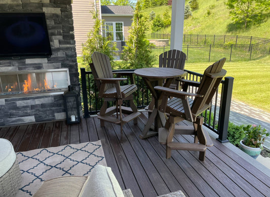 Round Outdoor Counter Height Table With Trestle Legs In Woodgrain Finishes