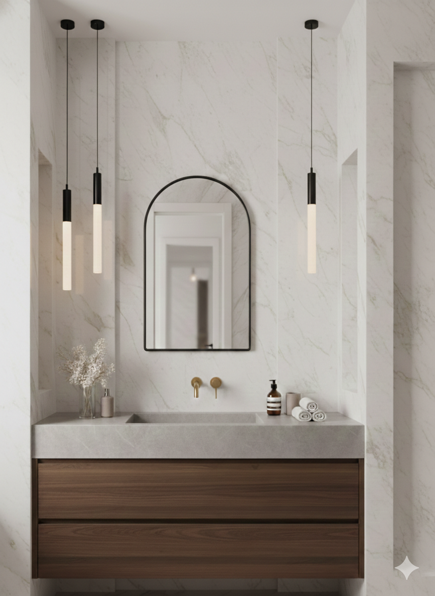 Modern bathroom with wooden vanity, marble countertop, and pendant lights.