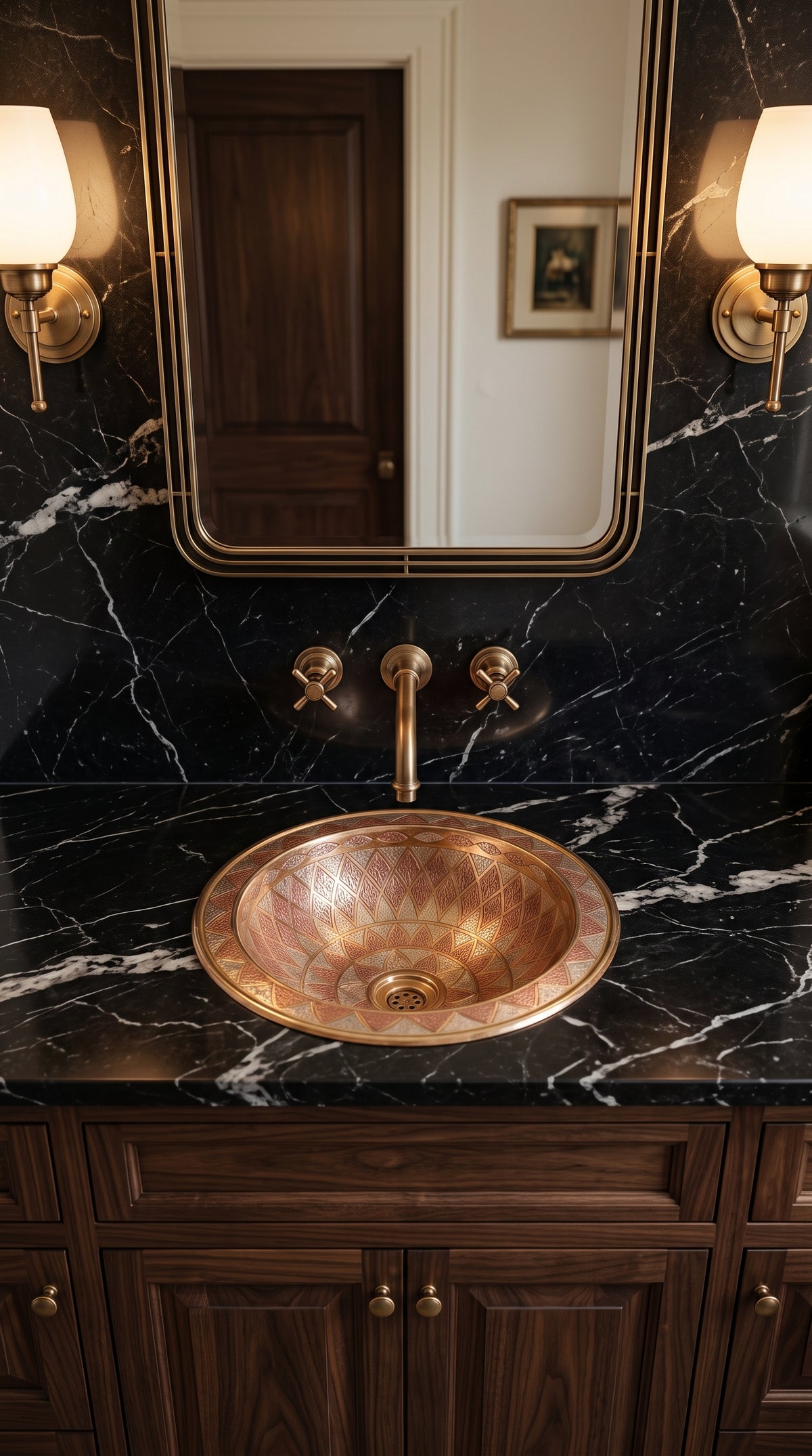 Geometric brass sink with copper and silver accents in a black marble vanity beneath a brass wall-mounted faucet, mirror, and sconces.