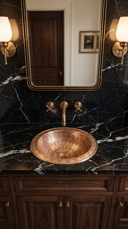 Geometric brass sink with copper and silver accents in a black marble vanity beneath a brass wall-mounted faucet, mirror, and sconces.