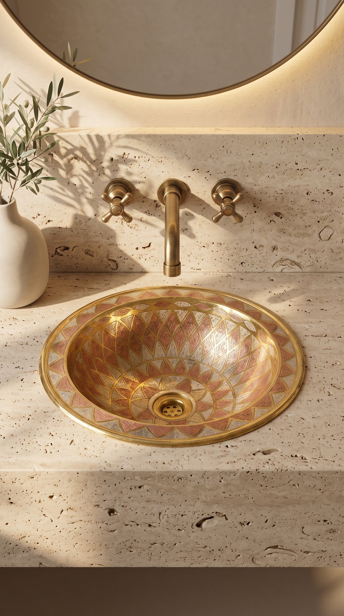 Round brass sink with copper and silver geometric patterns in a travertine vanity beneath a wall-mounted brass faucet and round backlit mirror.